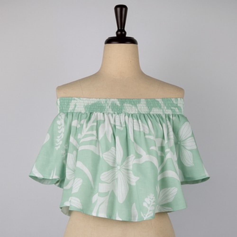 Kiwi & Fench Off Shoulder Top Womens Large Pastel Green Floral Print Boho Summer